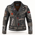 Men’s Spiked Studded Leather Biker Jacket with Gothic Punk Patches