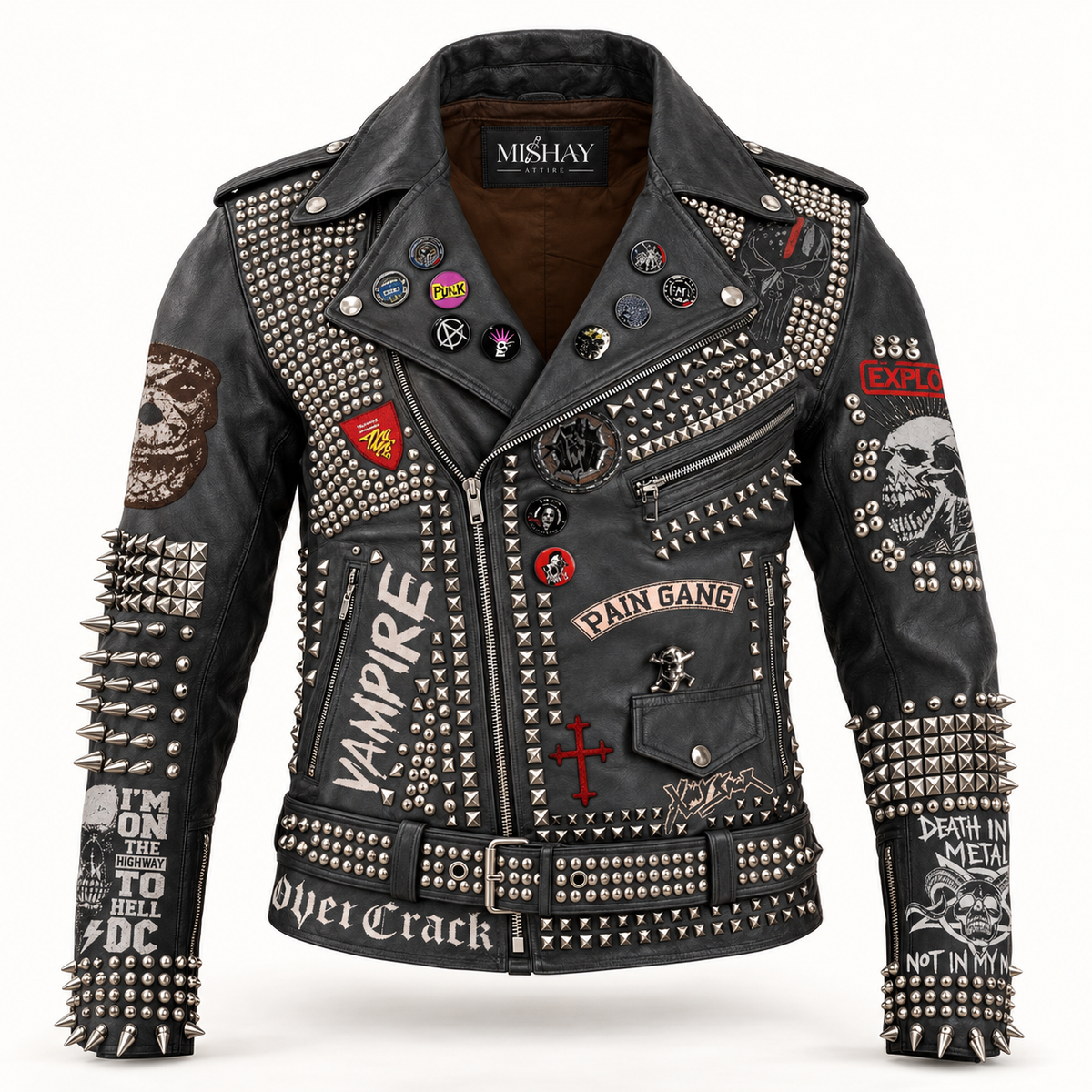 Men’s Spiked Studded Leather Biker Jacket with Gothic Punk Patches