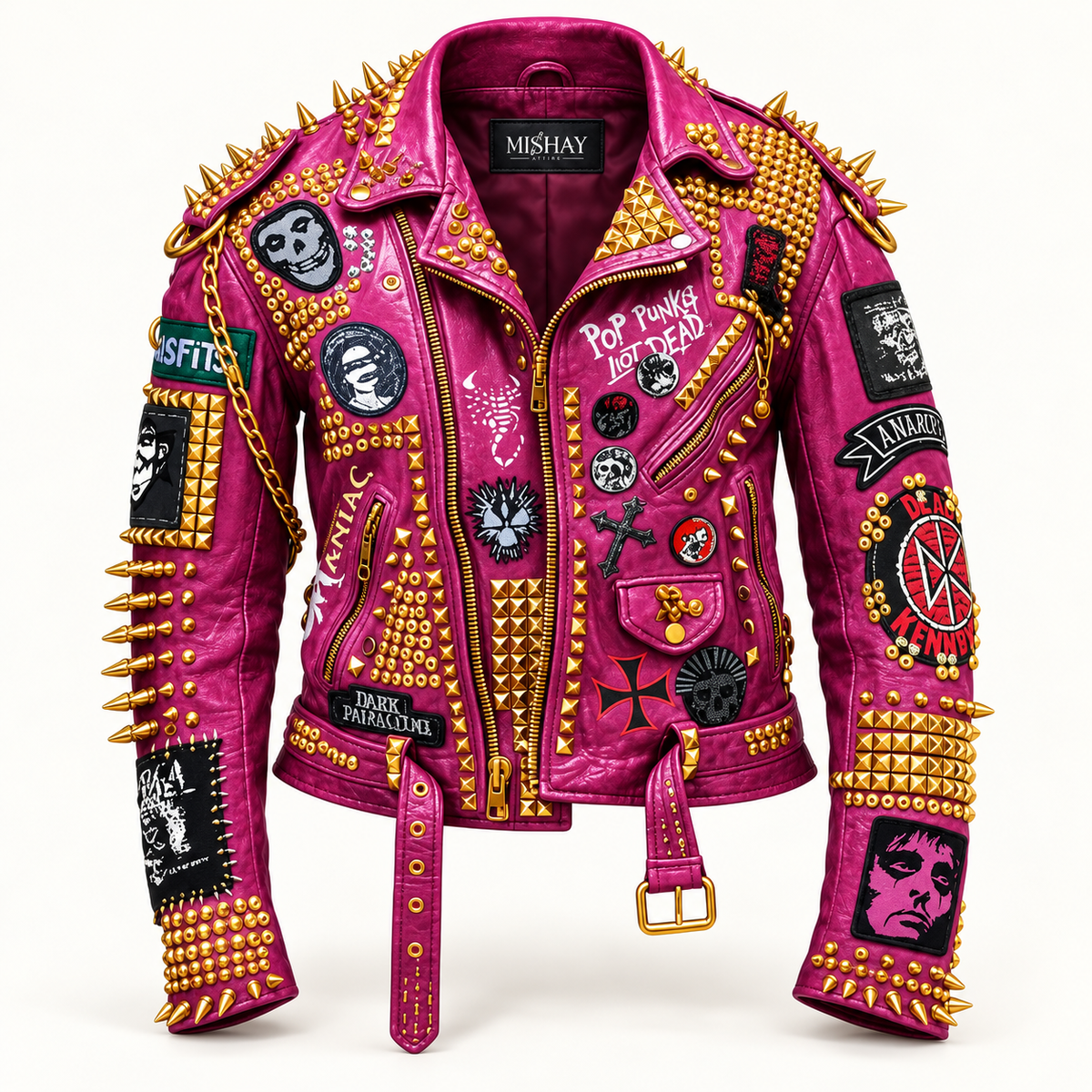 Women’s Studded Leather Biker Jacket with Gothic Punk Patches