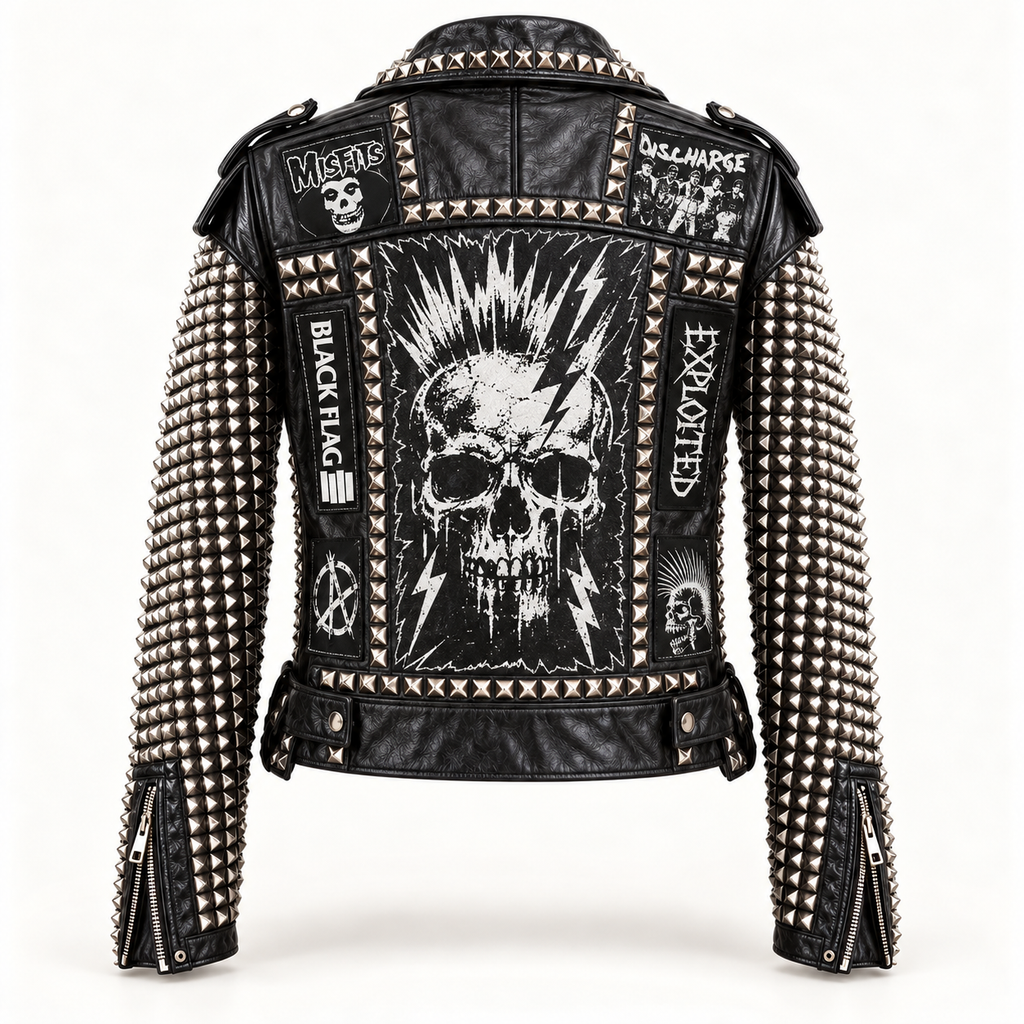 Men’s Heavy Studded Leather Biker Jacket with Punk Patches