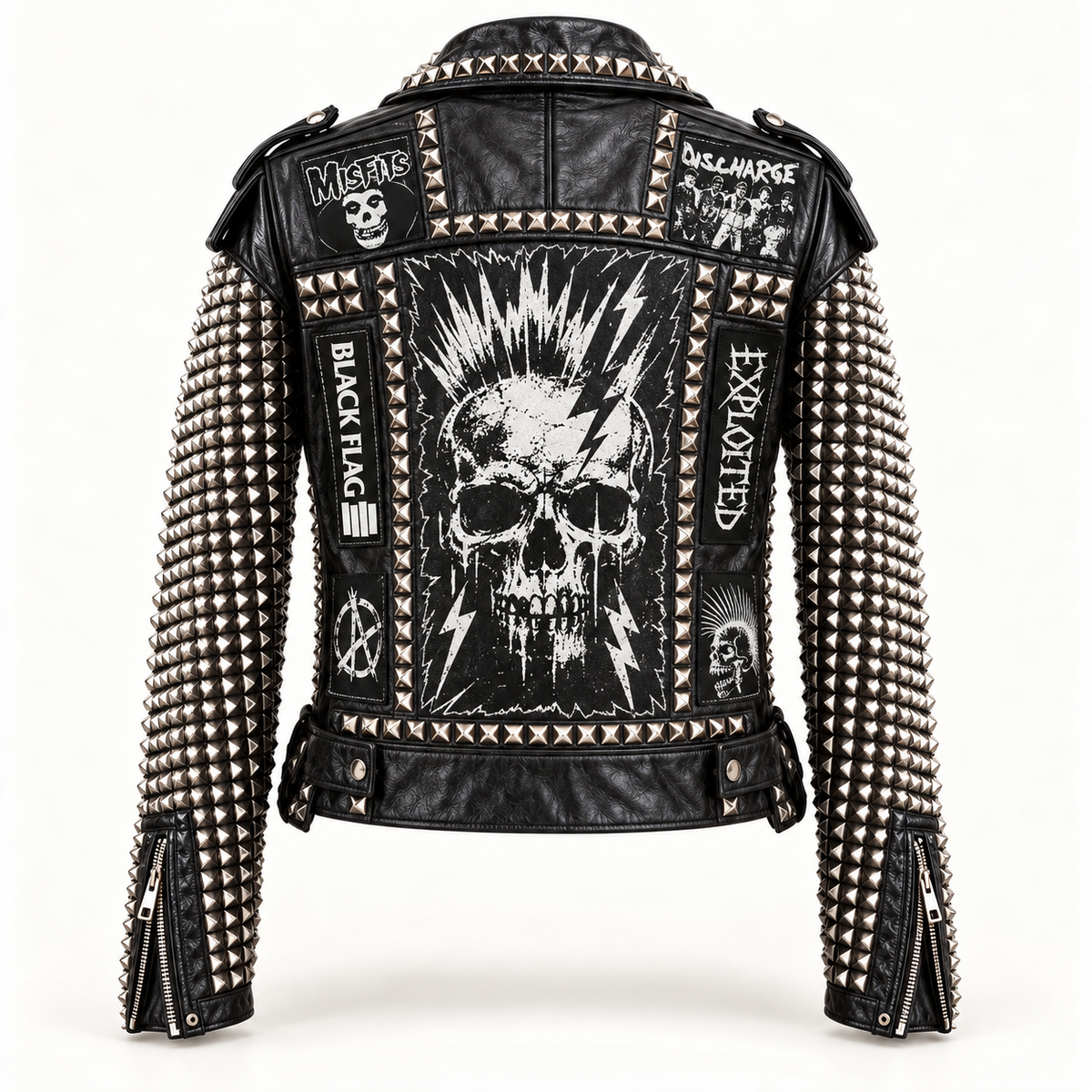 Men’s Heavy Studded Leather Biker Jacket with Punk Patches