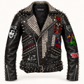 Custom Spiked Leather Biker Jacket with Punk Band Patches & Pin Badges