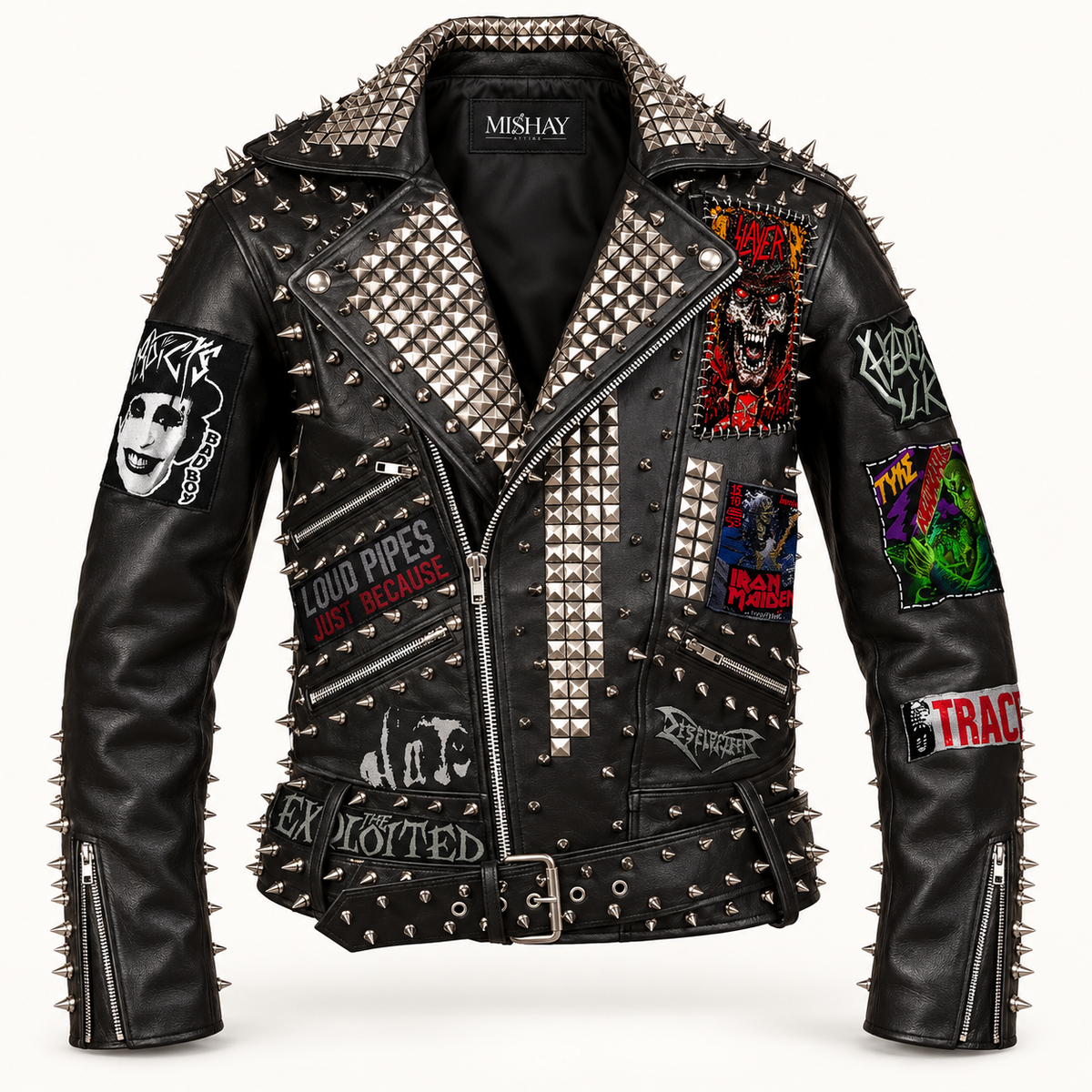 Custom Spiked Leather Biker Jacket with Punk Band Patches & Pin Badges