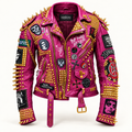 Men’s Magenta Studded Leather Biker Jacket with Gold Spikes