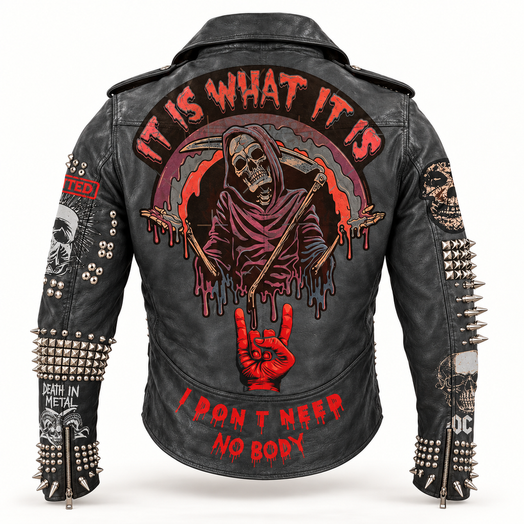 Men’s Spiked Studded Leather Biker Jacket with Gothic Punk Patches