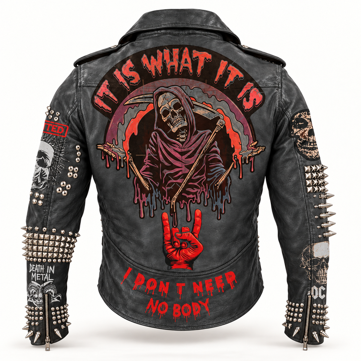 Men’s Spiked Studded Leather Biker Jacket with Gothic Punk Patches
