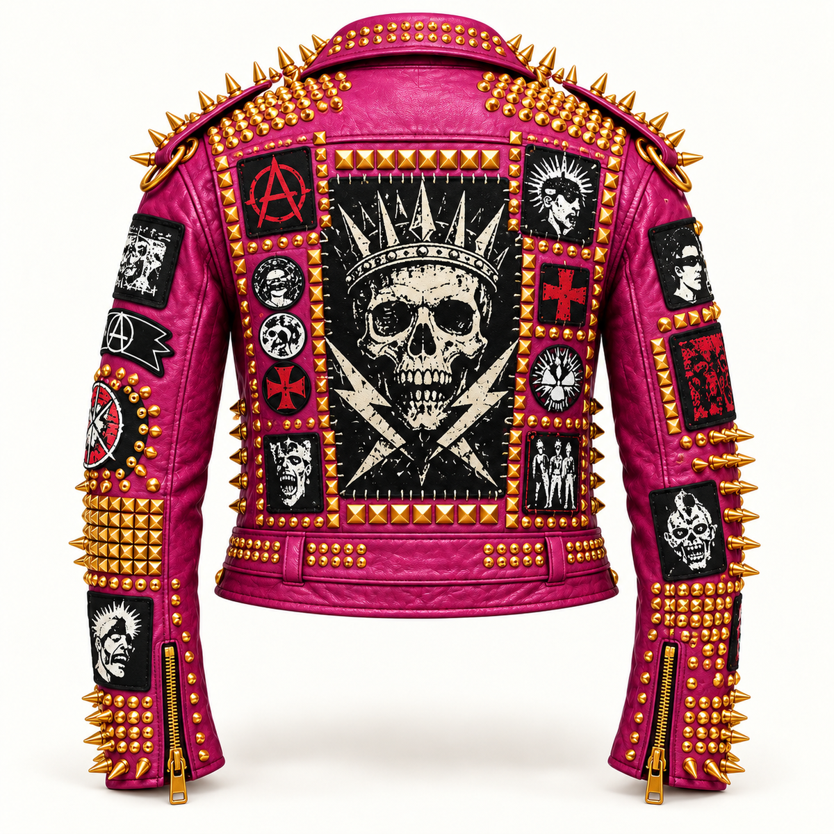 Men’s Magenta Studded Leather Biker Jacket with Gold Spikes
