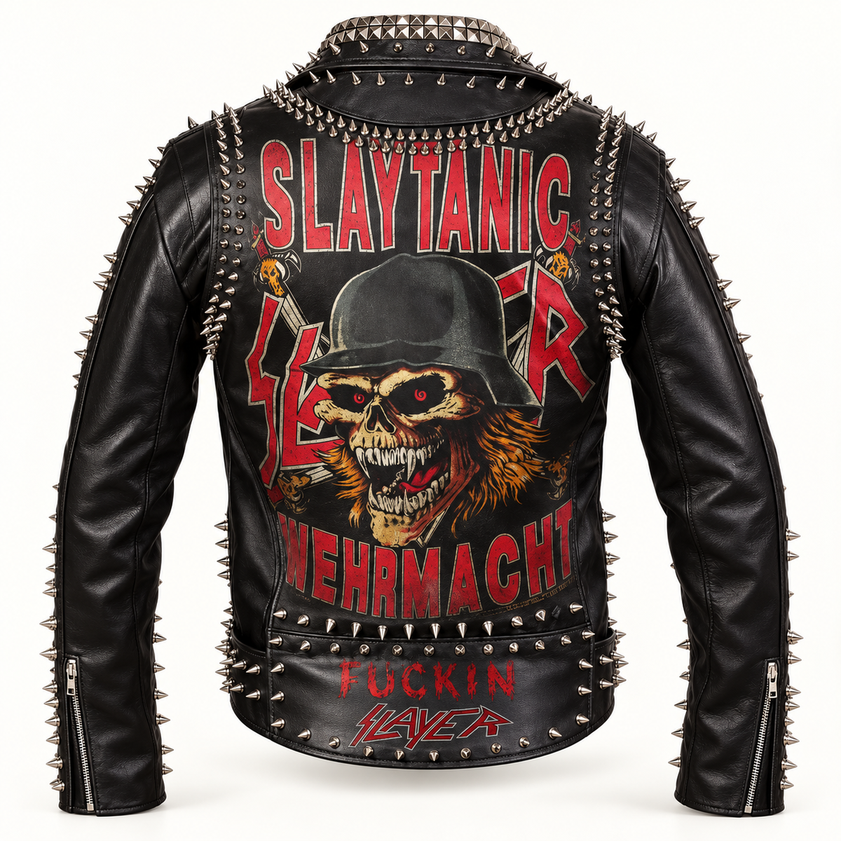 Custom Spiked Leather Biker Jacket with Punk Band Patches & Pin Badges