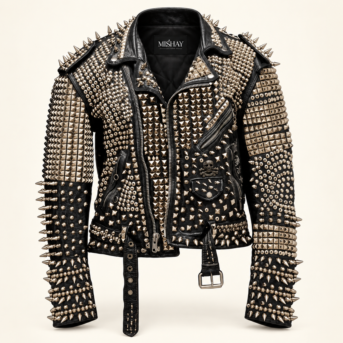 Men’s Black Spiked Studded Leather Punk Biker Jacket