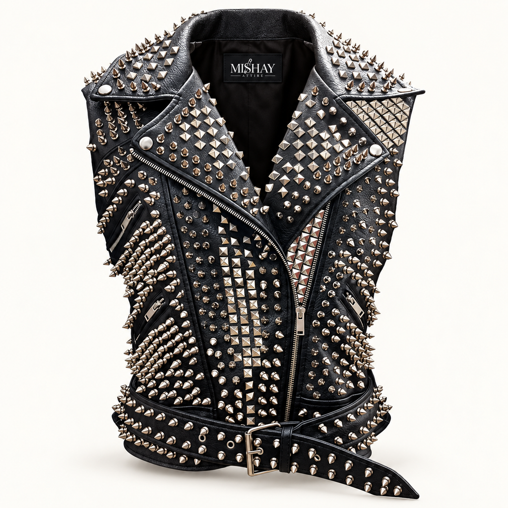 Men’s Studded Leather Biker Vest with Rock-Inspired Patches