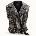 Men’s Studded Leather Biker Vest with Rock-Inspired Patches