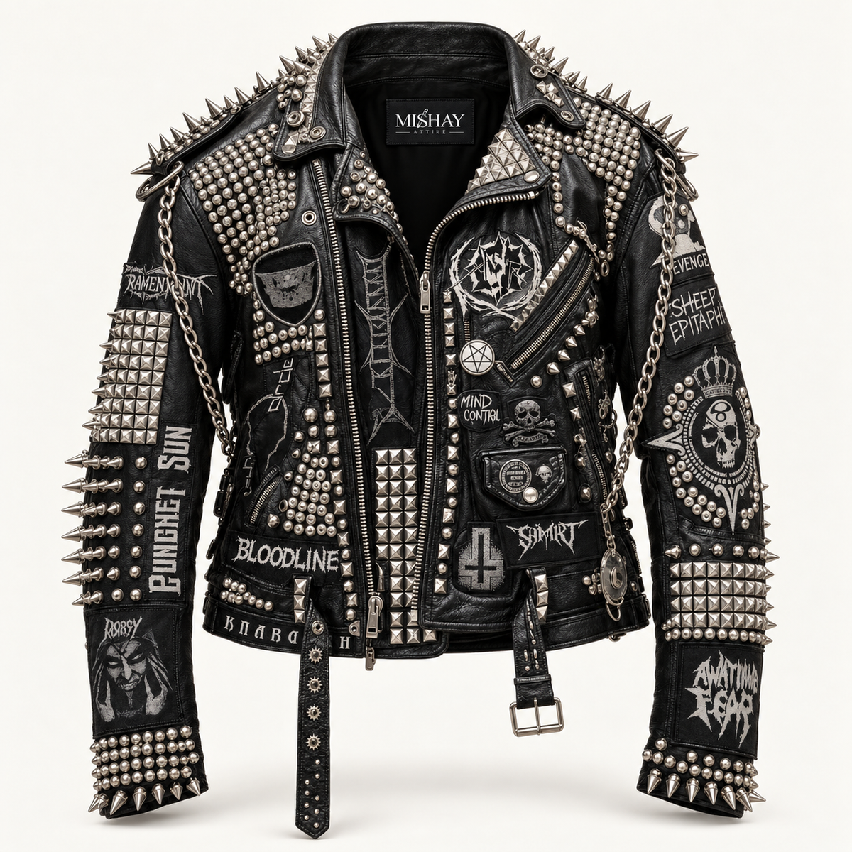 Men’s Spiked Studded Leather Biker Jacket with Gothic Patches