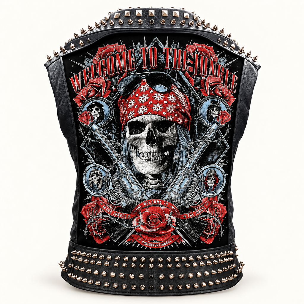 Men’s Studded Leather Biker Vest with Rock-Inspired Patches