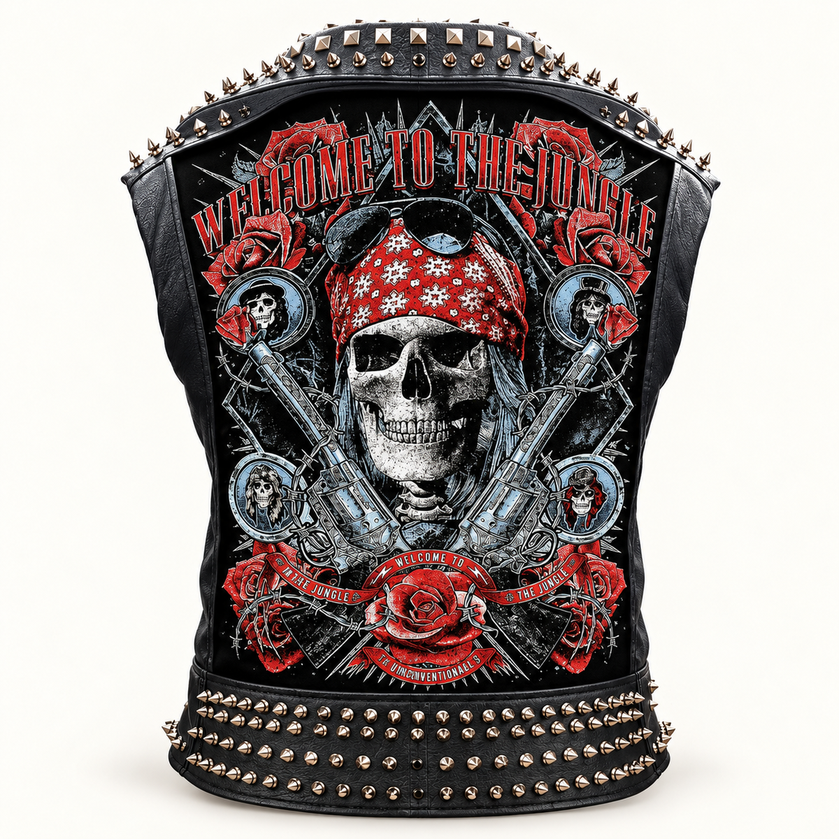 Men’s Studded Leather Biker Vest with Rock-Inspired Patches