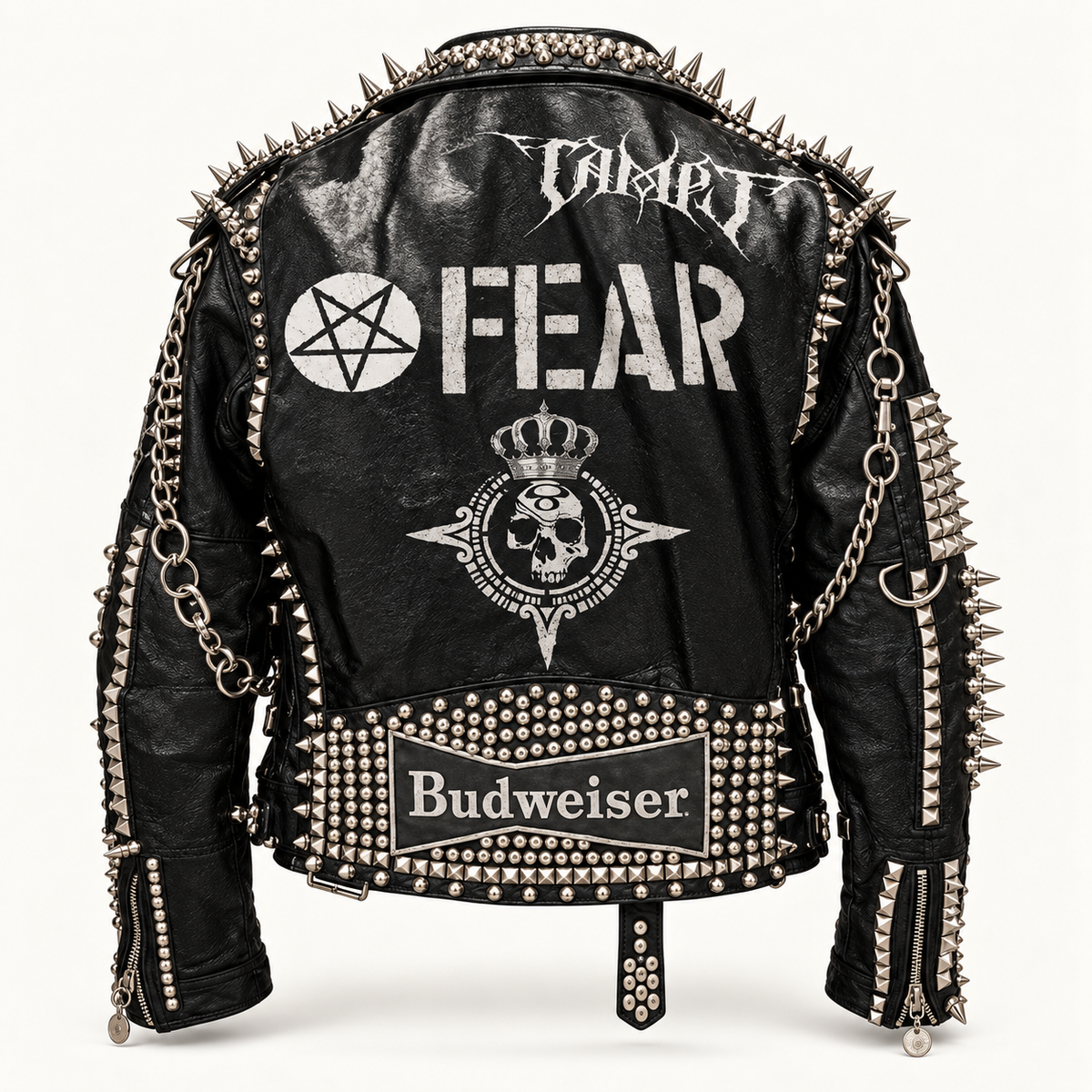 Men’s Spiked Studded Leather Biker Jacket with Gothic Patches