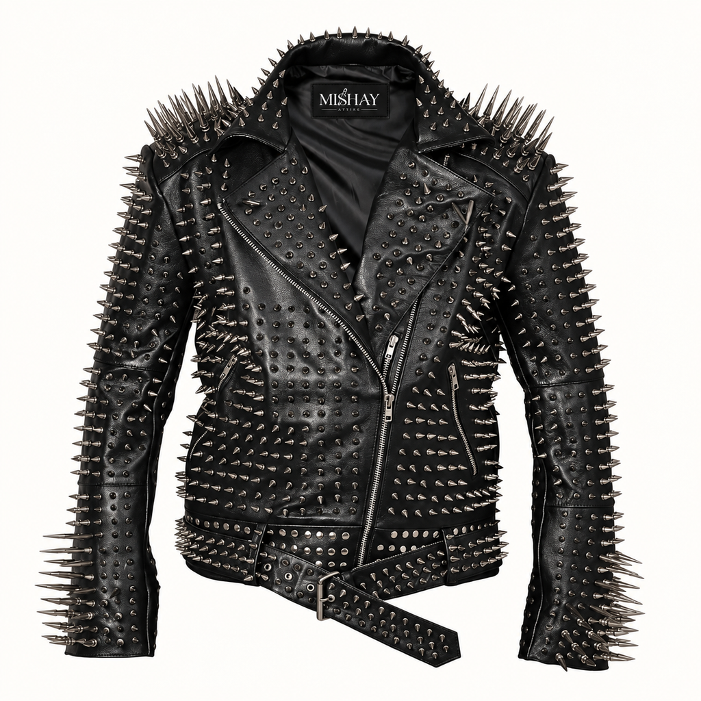 Men’s Black Leather Biker Jacket with Silver Studs and Long Spikes