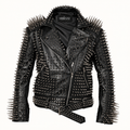 Men’s Black Leather Biker Jacket with Silver Studs and Long Spikes
