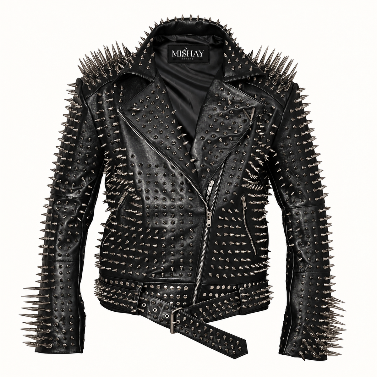 Men’s Black Leather Biker Jacket with Silver Studs and Long Spikes