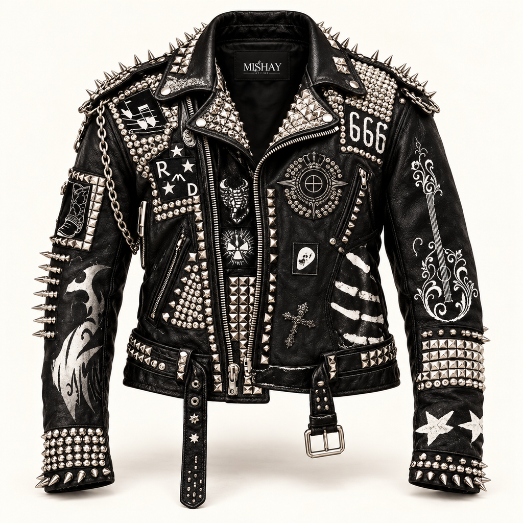 Men's Studded Black Leather Jacket, Western Steampunk Rocker Style