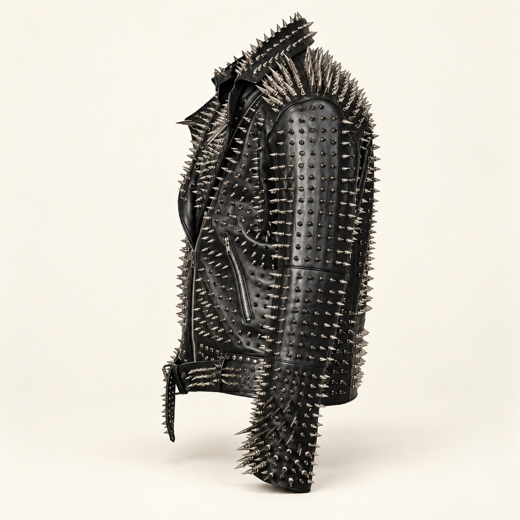 Men’s Black Leather Biker Jacket with Silver Studs and Long Spikes