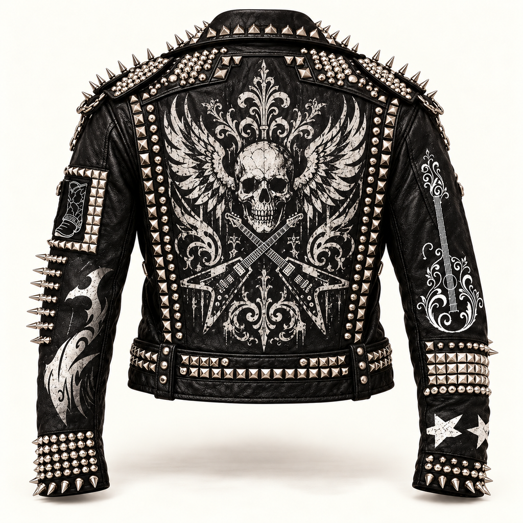 Men's Studded Black Leather Jacket, Western Steampunk Rocker Style
