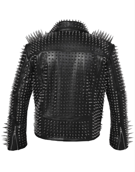 Men’s Black Leather Biker Jacket with Silver Studs and Long Spikes