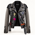 Men’s Heavy Studded Leather Biker Jacket with Punk Patches