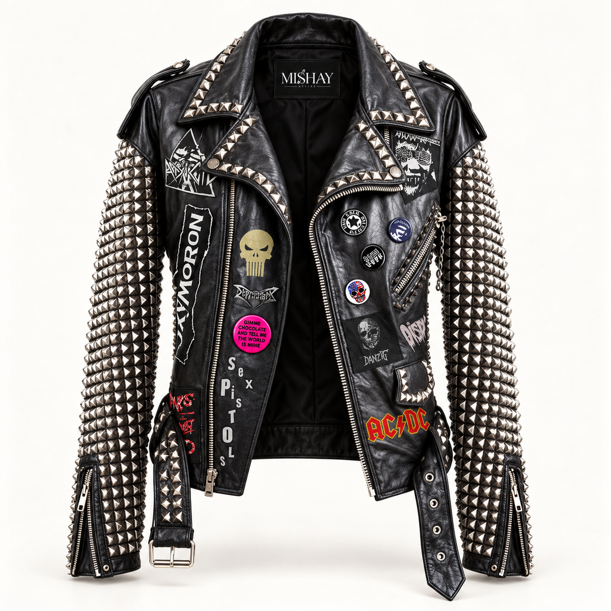 Men’s Heavy Studded Leather Biker Jacket with Punk Patches