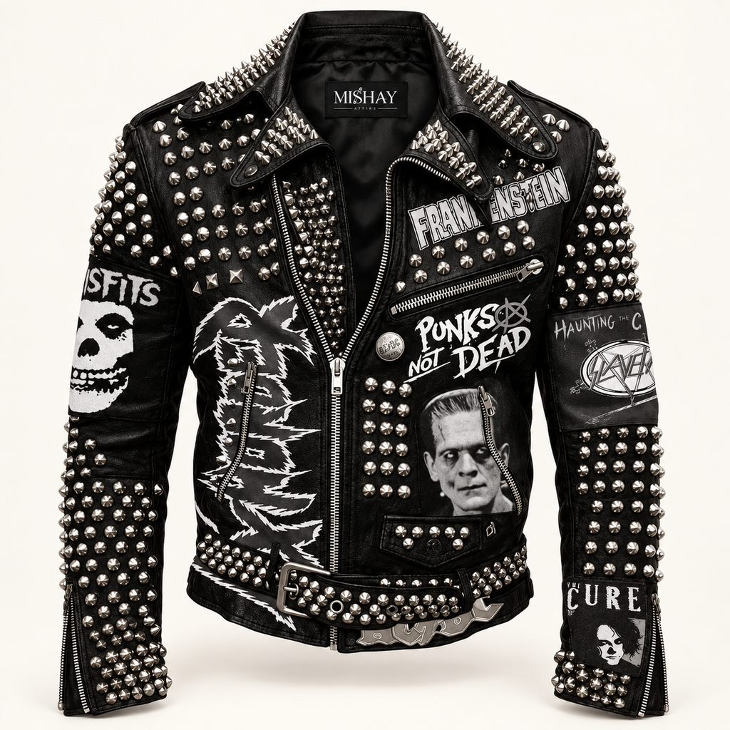 Men’s Black Heavy Studded Cowhide Punk Biker Jacket