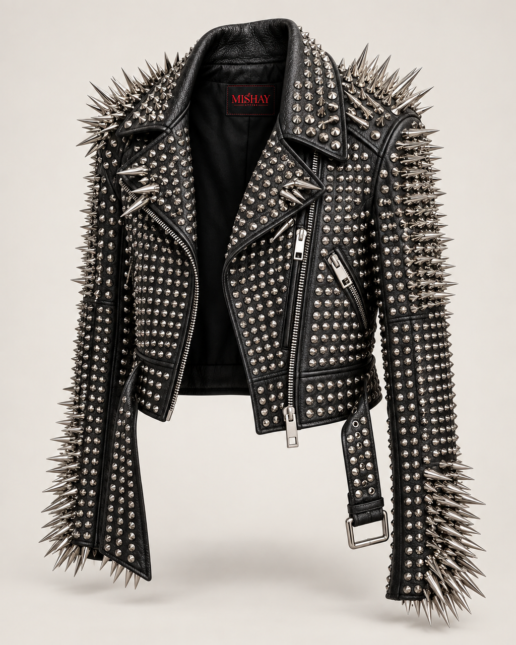 Unisex Silver Spike Studded Leather Biker Jacket – Handmade Punk Brando