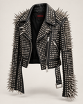 Unisex Silver Spike Studded Leather Biker Jacket – Handmade Punk Brando