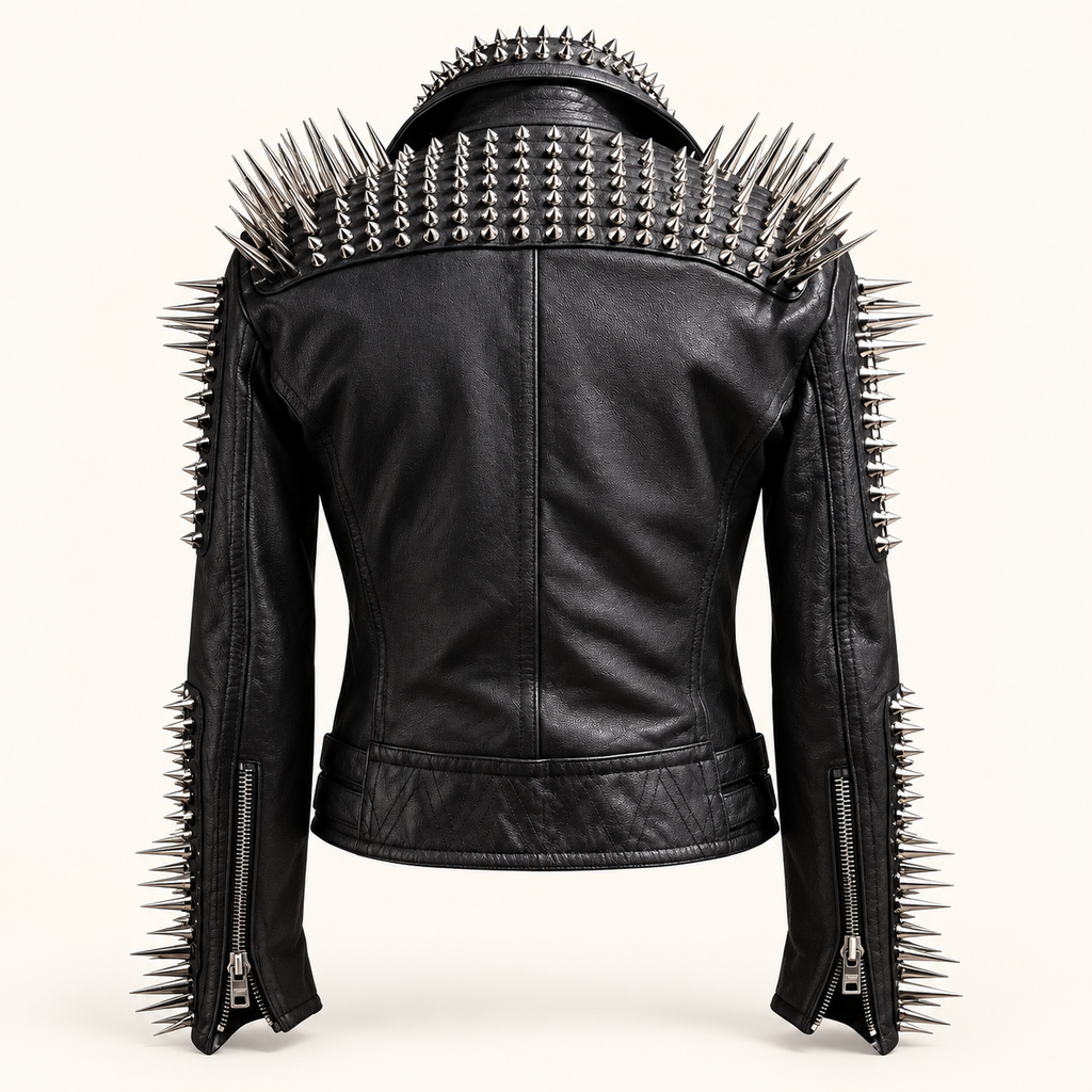 Unisex Silver Spike Studded Leather Biker Jacket – Handmade Punk Brando