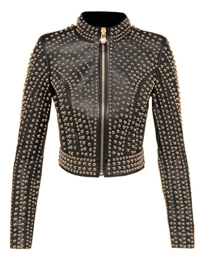 Gold Static women's studded biker jacket front