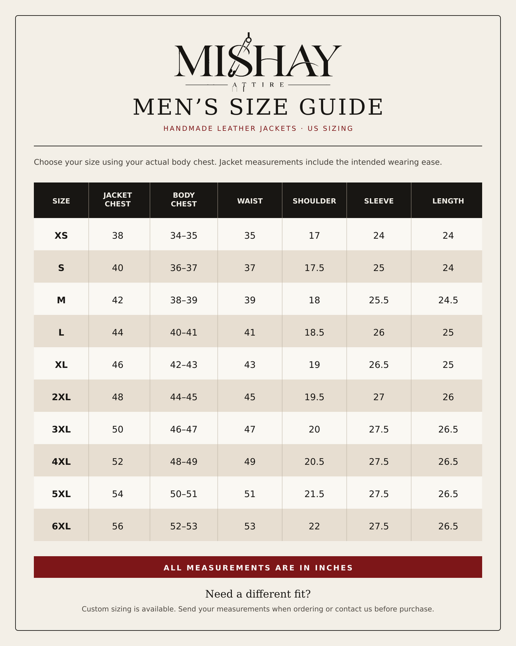 Mishay Attire men's size guide with safety pin logo