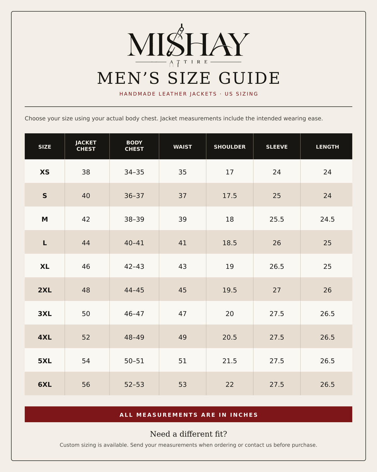 Mishay Attire men's size guide with safety pin logo